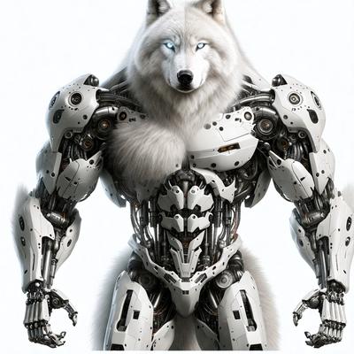 The primary subject of the image is a robot with a white wolf head. The robot is wearing a white suit and has a mechanical appearance. The setting is a white background, which provides a clean and minimalist look to the image. The visual style is a combination of digital art and illustration, creating a futuristic and technological atmosphere. The colors are predominantly white, giving the image a clean and modern feel.